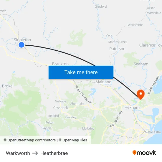Warkworth to Heatherbrae map