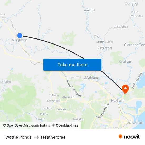 Wattle Ponds to Heatherbrae map