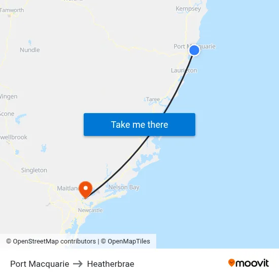 Port Macquarie to Heatherbrae map