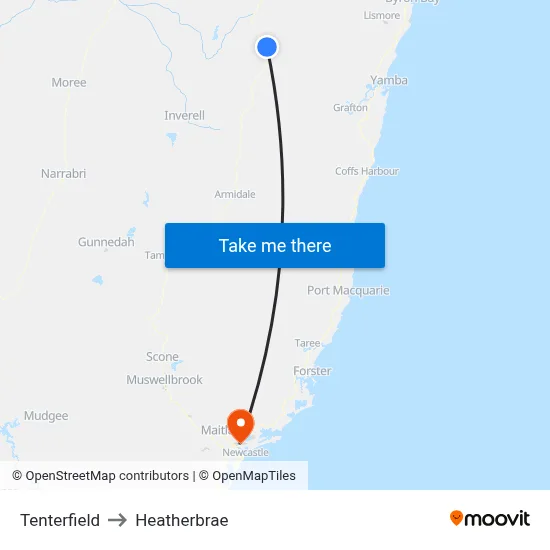 Tenterfield to Heatherbrae map