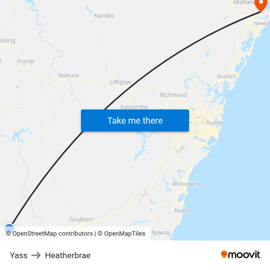 Yass to Heatherbrae map