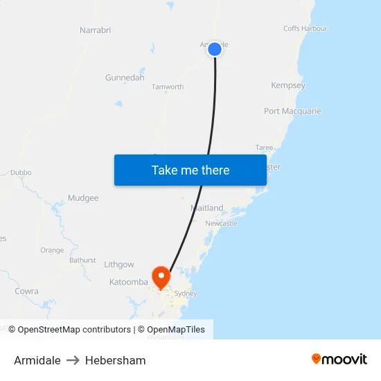 Armidale to Hebersham map
