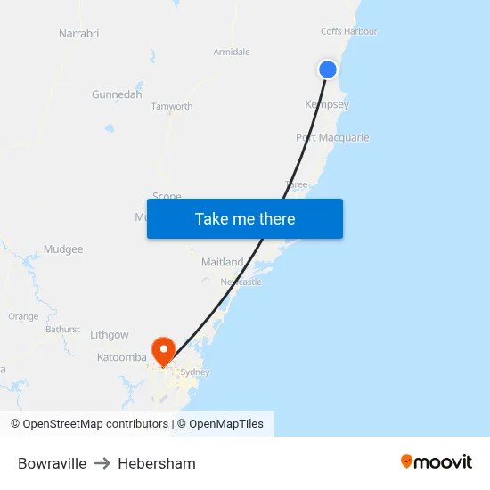 Bowraville to Hebersham map