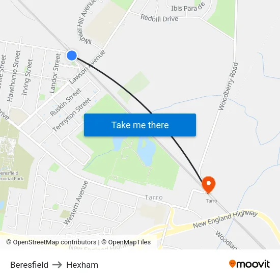 Beresfield to Hexham map