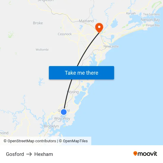 Gosford to Hexham map