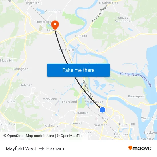 Mayfield West to Hexham map