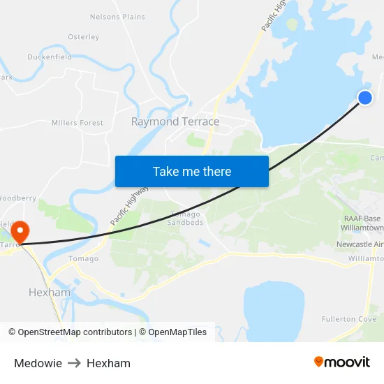 Medowie to Hexham map