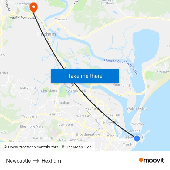 Newcastle to Hexham map