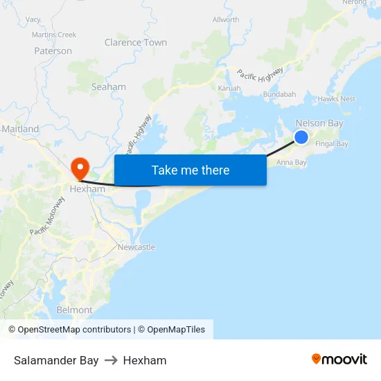 Salamander Bay to Hexham map