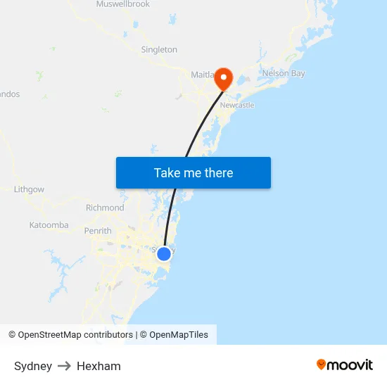 Sydney to Hexham map