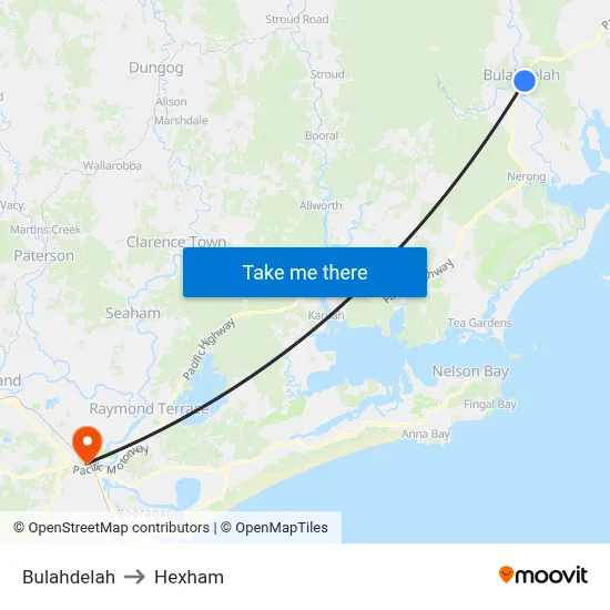 Bulahdelah to Hexham map