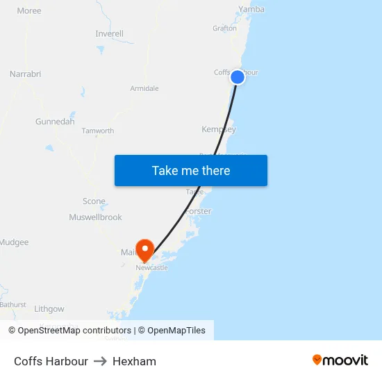 Coffs Harbour to Hexham map