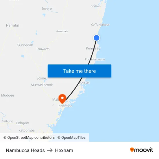 Nambucca Heads to Hexham map