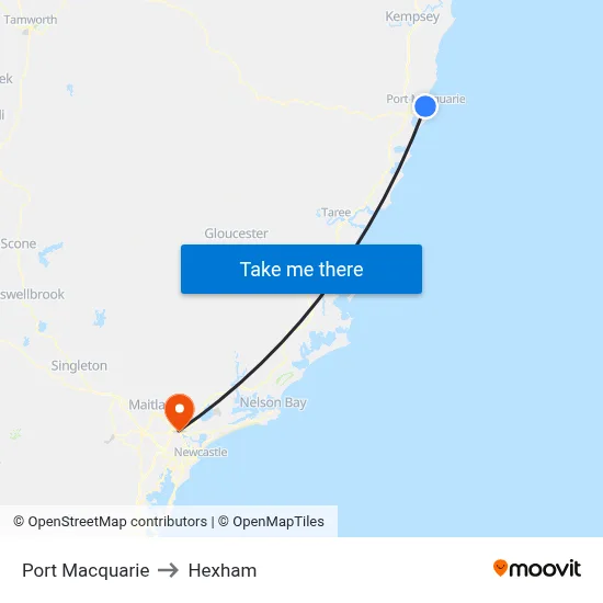 Port Macquarie to Hexham map