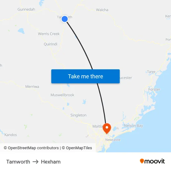 Tamworth to Hexham map