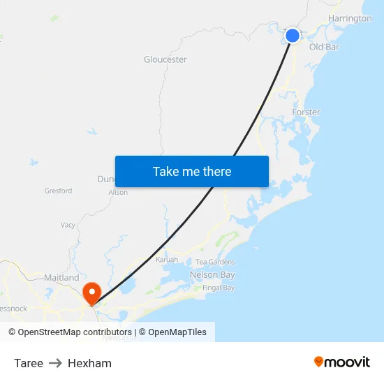 Taree to Hexham map