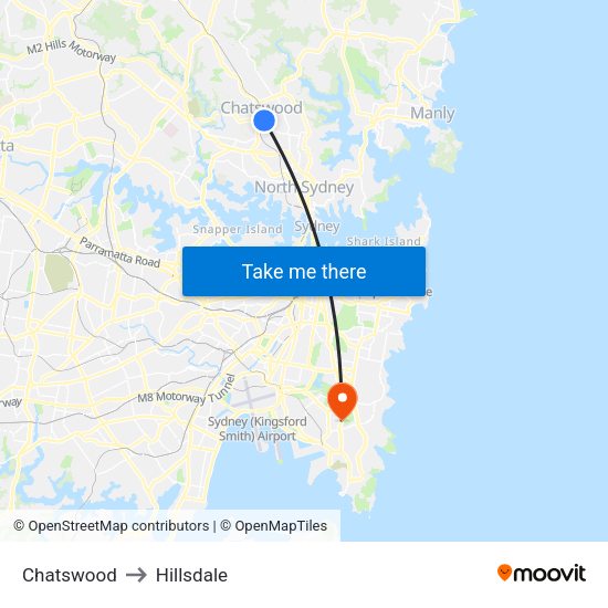 Chatswood to Hillsdale map