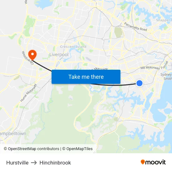 Hurstville to Hinchinbrook map