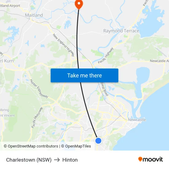 Charlestown (NSW) to Hinton map