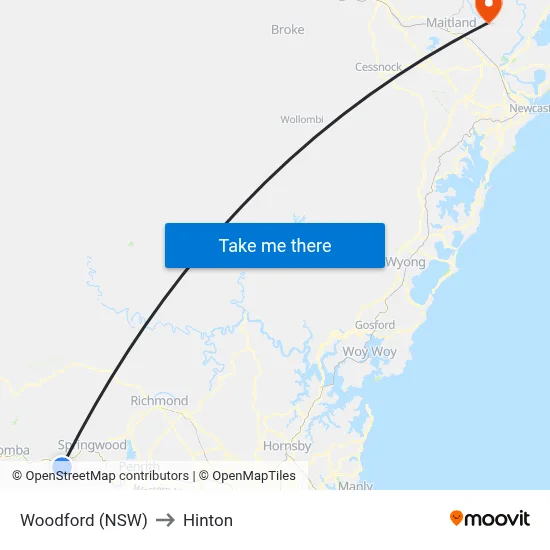 Woodford (NSW) to Hinton map