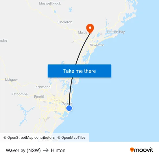 Waverley (NSW) to Hinton map