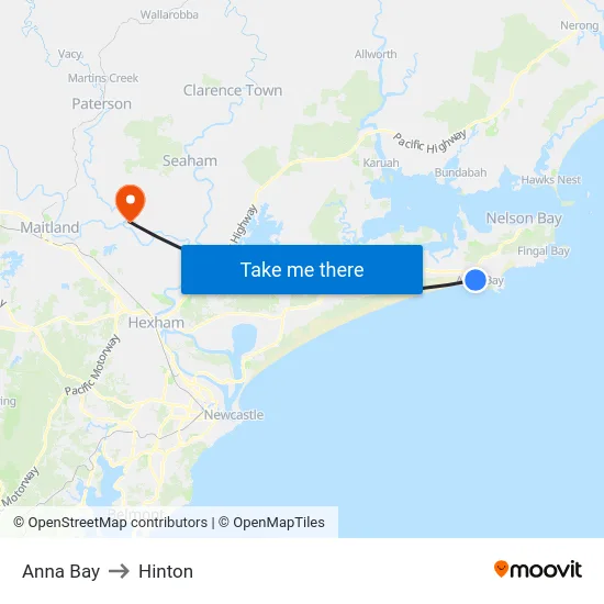 Anna Bay to Hinton map