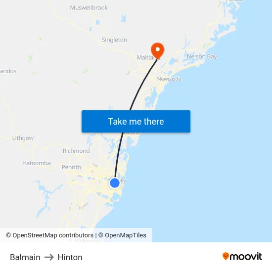 Balmain to Hinton map