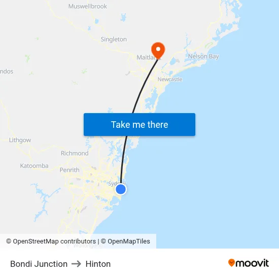 Bondi Junction to Hinton map