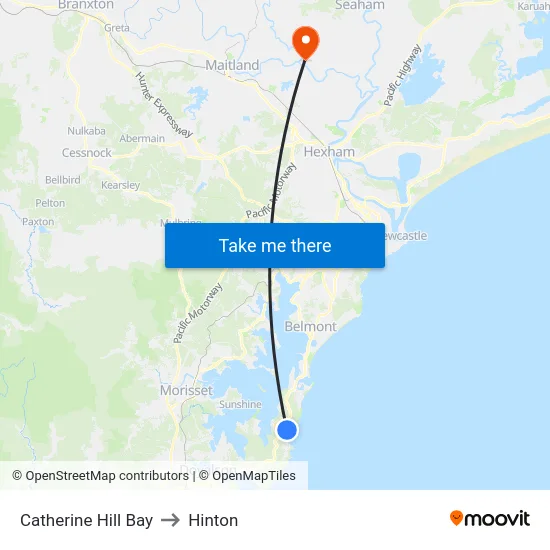 Catherine Hill Bay to Hinton map