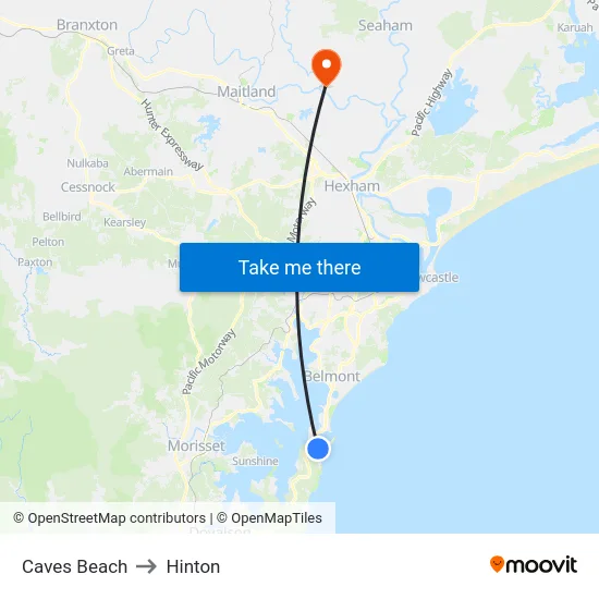 Caves Beach to Hinton map
