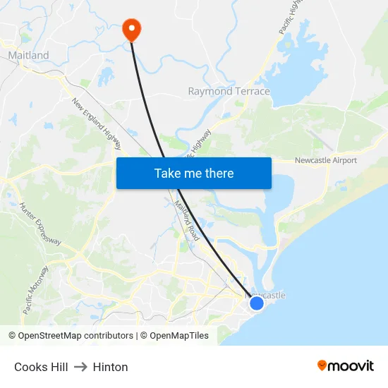 Cooks Hill to Hinton map