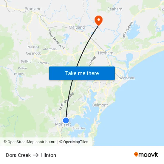 Dora Creek to Hinton map