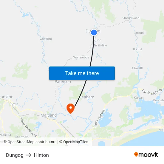 Dungog to Hinton map