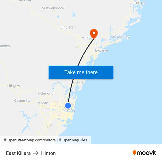 East Killara to Hinton map