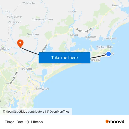 Fingal Bay to Hinton map