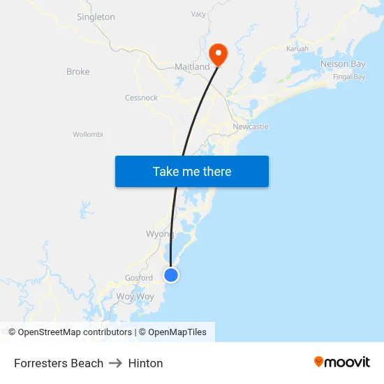 Forresters Beach to Hinton map