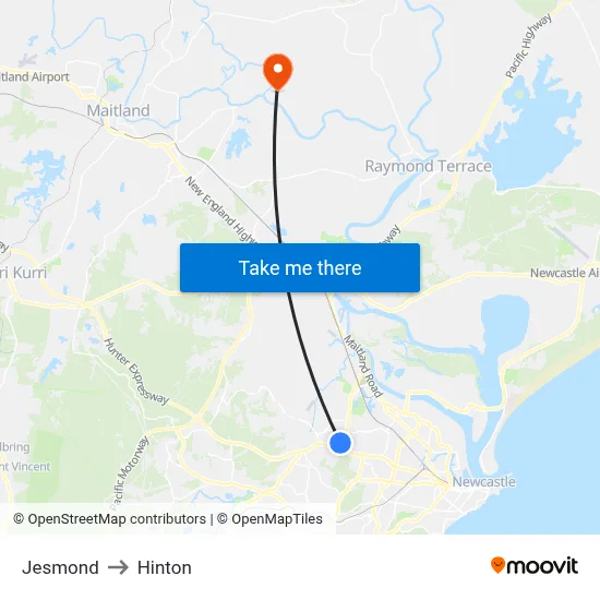 Jesmond to Hinton map