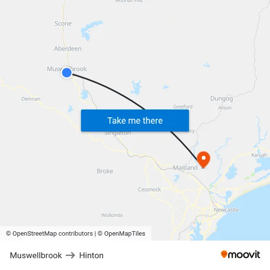 Muswellbrook to Hinton map