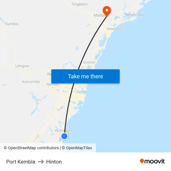 Port Kembla to Hinton map