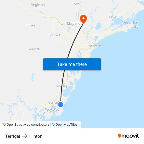 Terrigal to Hinton map