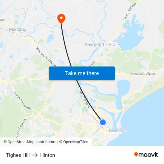Tighes Hill to Hinton map