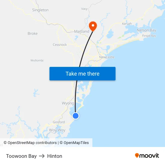 Toowoon Bay to Hinton map