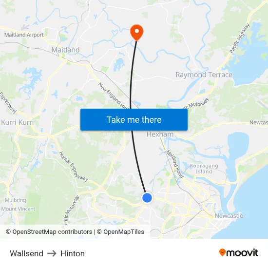 Wallsend to Hinton map