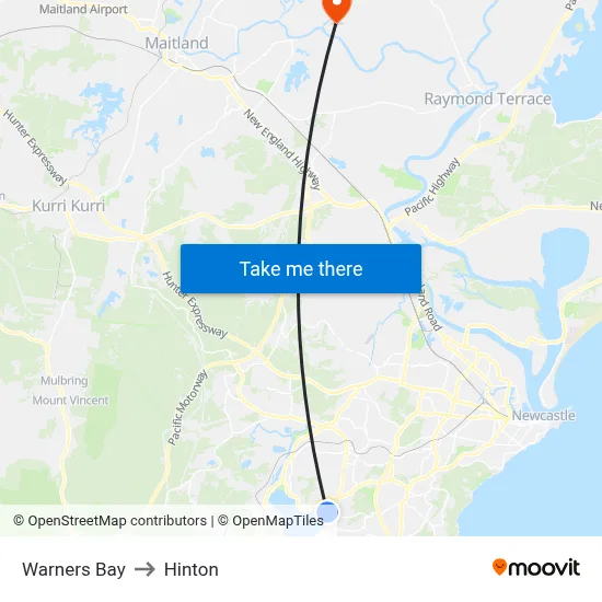 Warners Bay to Hinton map