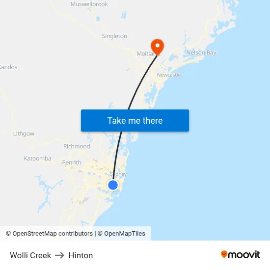 Wolli Creek to Hinton map