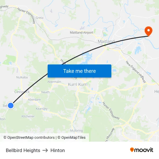Bellbird Heights to Hinton map