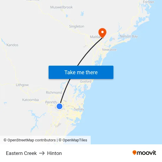 Eastern Creek to Hinton map