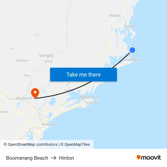 Boomerang Beach to Hinton map