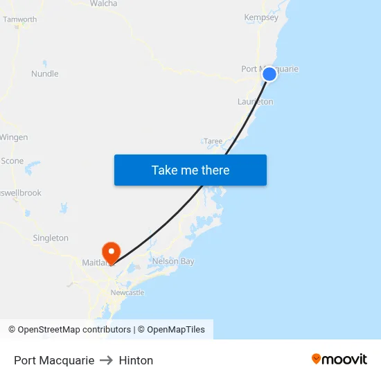Port Macquarie to Hinton map