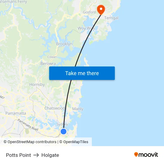 Potts Point to Holgate map